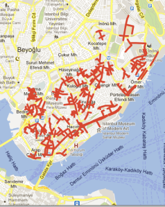 Dov Friedman's map of the district of Beyoglu, with the 100m from a religious establishment and school shown in red