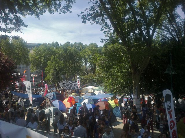 Gezi Park on Taksim Sq is now full of people sleeping in tents, often students, and drew tens of thousands of visitors from all over the city over the weekend.