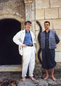 Hugh Pope and Sagvan Murad in front of Yezidi shrine Sheikh Adi. Lalish, 2003.