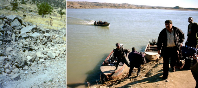 Village house flattened by Saddam Hussein, 1992 (left) Kurds crossing the Tigris from Syria to Iraq in 2002 (right).