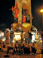 Protesters celebrate at statue of Ataturk, Taksim Sq, 1 June